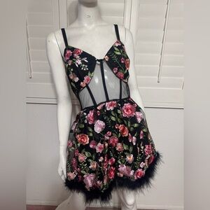 New 1x black lace embroidered floral flower mini dress boho festival goth short